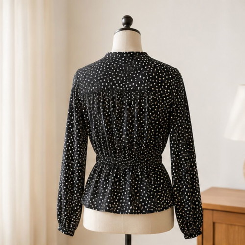 About You black blouse with white dots, size M