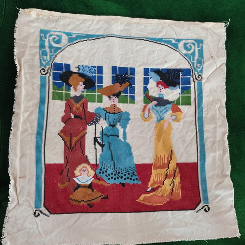 Vintage handmade tapestry embroidery with three women and child, Art Nouveau style