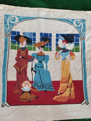 Vintage handmade tapestry embroidery with three women and child, Art Nouveau style
