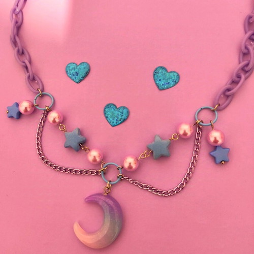 Choker Necklace Moon new handmade with star beads and lilac chain