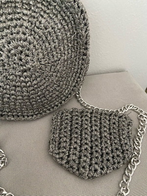 Handmade knitted crossbody bag set with wallet gray silver new