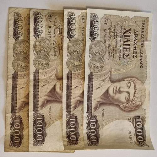 Thousand drachma banknotes used, set of 4 pieces