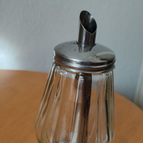 Vintage glass sugar dispenser with metal spout, mid-century German design