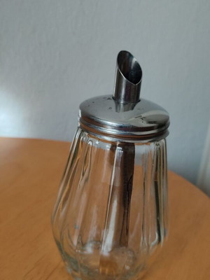 Vintage glass sugar dispenser with metal spout, mid-century German design