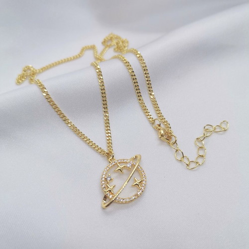 Gold-plated 18K necklace with planet motif and zircon, 45cm, new