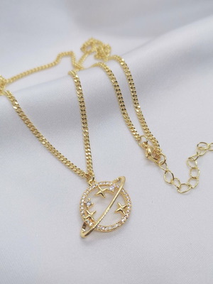 Gold-plated 18K necklace with planet motif and zircon, 45cm, new