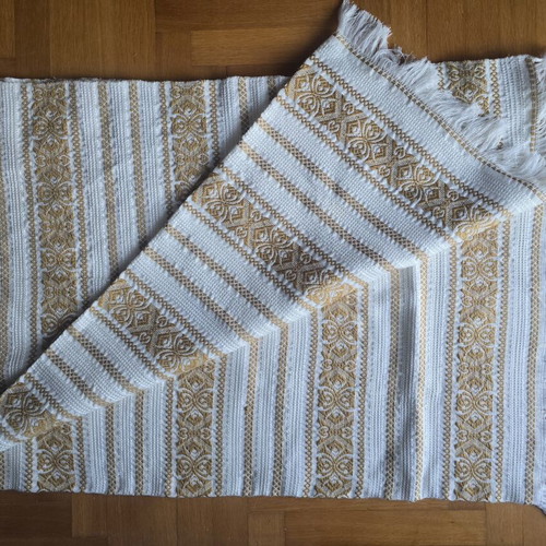 Vintage woven quilt used, shades of beige and gold