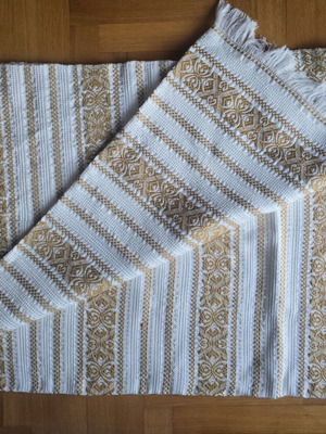Vintage woven quilt used, shades of beige and gold