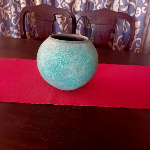 Clay vase round shape in blue-green shade like new