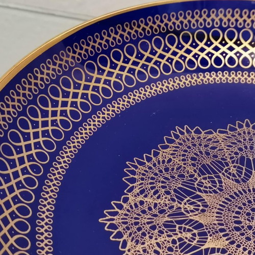 Glass decorative plate used, vintage blue with gold designs