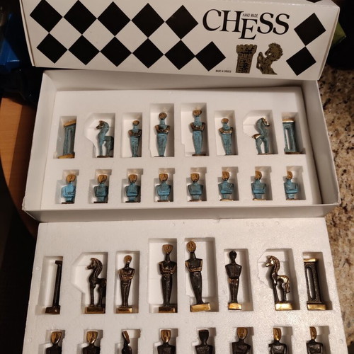 Vintage Greek chess with Cycladic pieces and stone board, new