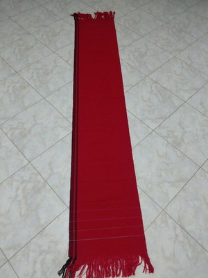 Traditional cotton fabric on loom, new, red with black stripes