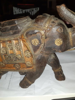 Wooden decorative elephant large handmade used with copper and bronze inlay
