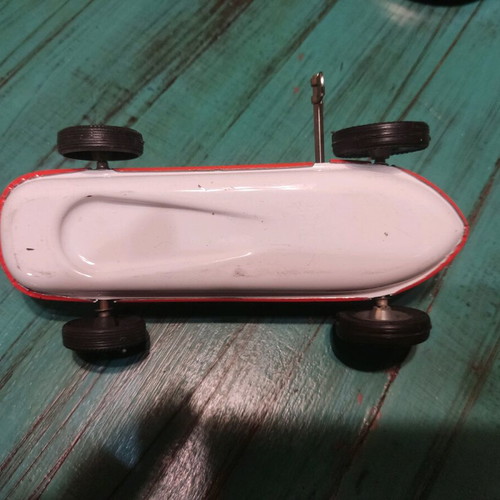 Tin formula car used, wind-up, functional, 17 cm