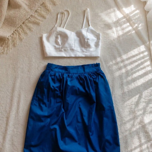Summer set with white top and blue skirt, size S