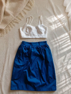 Summer set with white top and blue skirt, size S