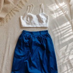 Summer set with white top and blue skirt, size S