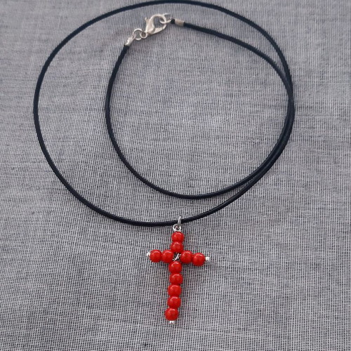 Elli cross with natural red coral and black genuine leather strap, new