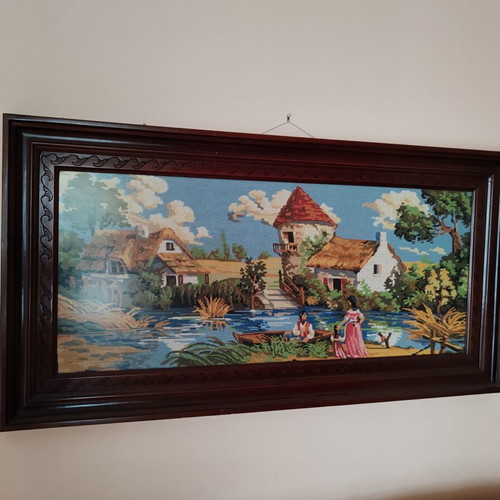 Vintage embroidery framed wood art used 1.20x65