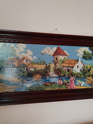 Vintage embroidery framed wood art used 1.20x65