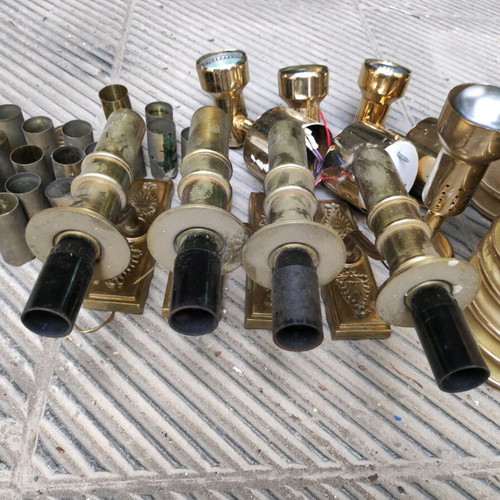 Antique wall lights used, set of 13, brass