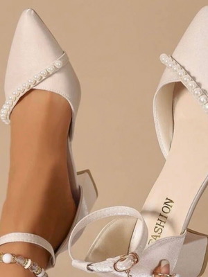 Fashion Icon wedding pumps new, beige satin with pearls