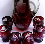  Σετ κρασιού: κανατα με 6 ποτήρια, vintage χρωματιστό κρύσταλλο Bohemias ( Czechoslovakia) 60'