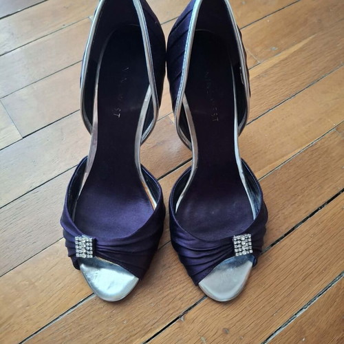 Nine West women's pumps with silver 7cm heel, satin, size 36-37, purple