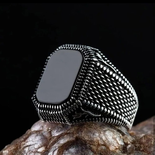 Men's signet ring with black stone, stainless steel, new