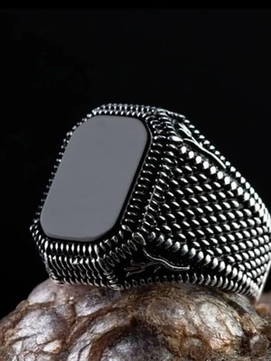Men's signet ring with black stone, stainless steel, new