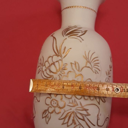 Limoges porcelain vase used, white matte with embossed gold flowers