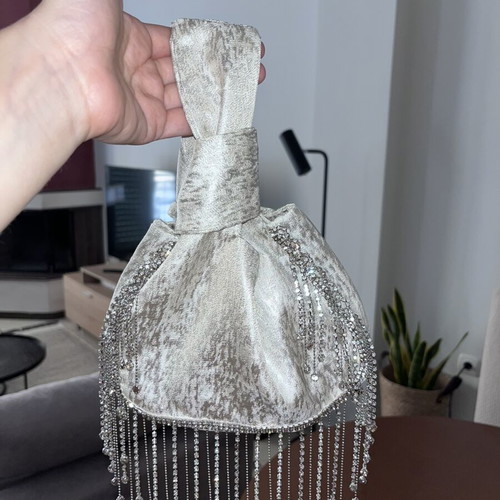 Eiko_ai Tins bag silver metallic mini handbag with crystal fringes