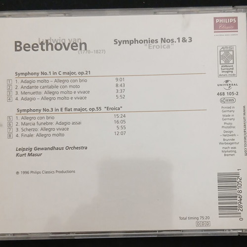 Beethoven Symphonies Nos. 1 & 3 "Eroica" CD