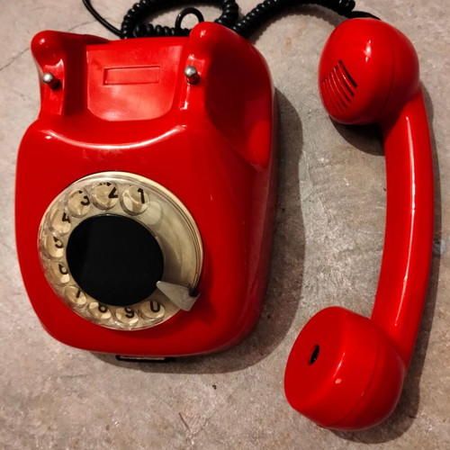 Tesla red analog rotary phone used, vintage 1973