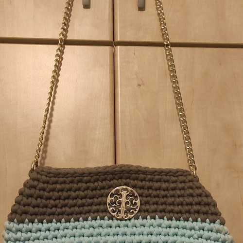 Knitted shoulder bag used, brown and turquoise