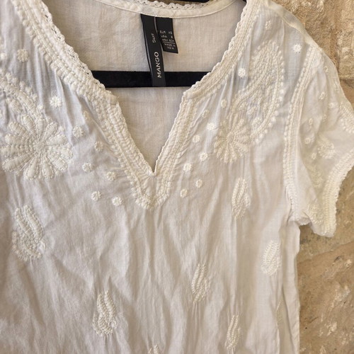 Mango White Cotton Embroidered V-Neck Tunic Dress like new