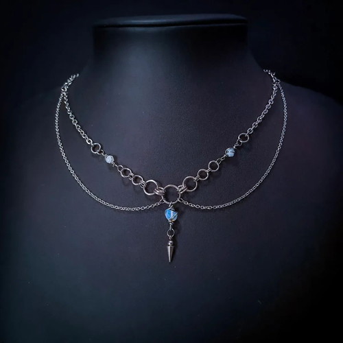 Layered Chain Necklace with moonstone, new, silver