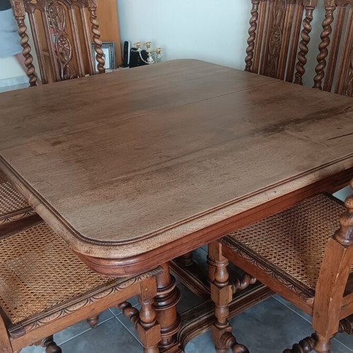French antique Henry II Louis XIII dining set, walnut and oak, 6 chairs