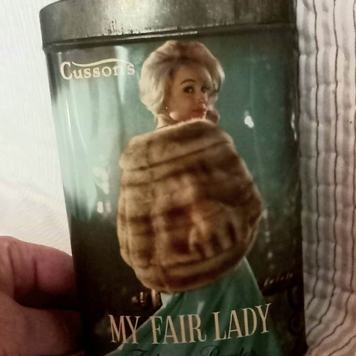 My Fair Lady Talcum Powder metal container used, 1950-60