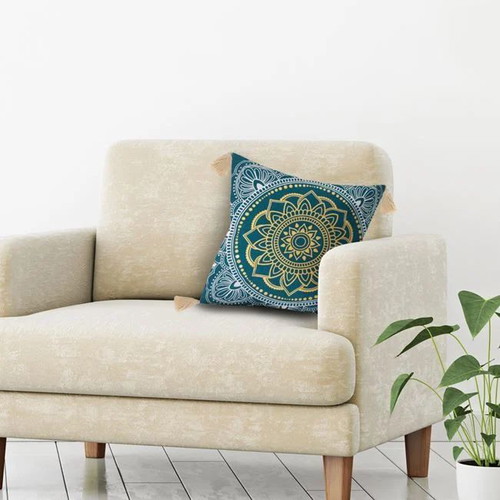 Set of 2 Decorative Pillows Petrol with Mandala Design New 45x45cm