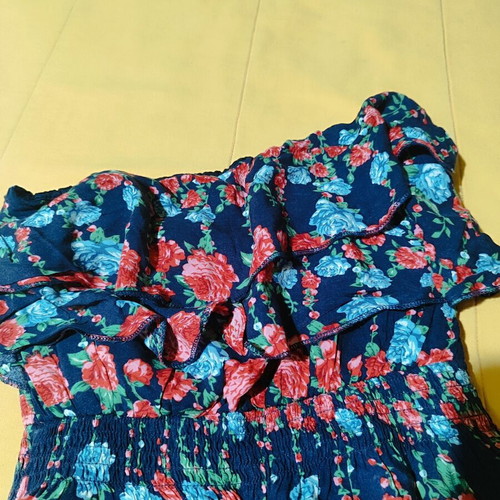 Floral mini strapless dress with ruffles, cotton, blue