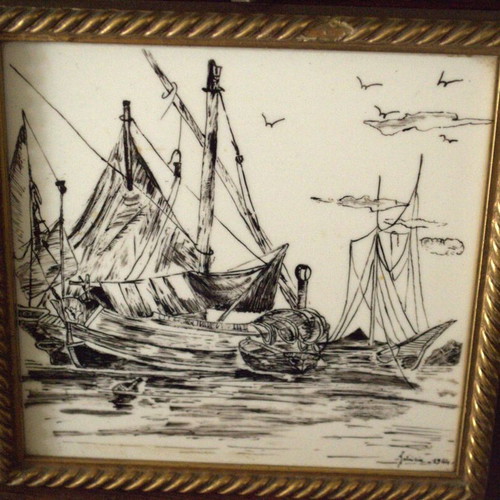 Mediterranean Coastal Ceramic Tile Plaques used, pair 1954