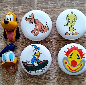 6x Vintage Πόμολα Λαβές Επίπλων Disney Donald Duck, Pluto, Looney Tunes Tweety & Κλόουν