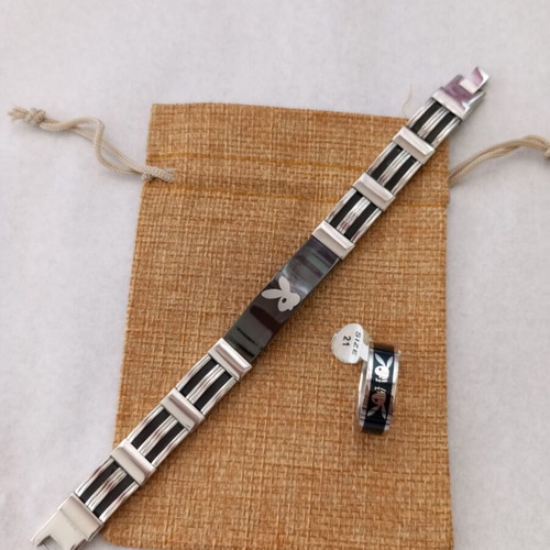Men's stainless steel bracelet and matching ring with bunny logo
