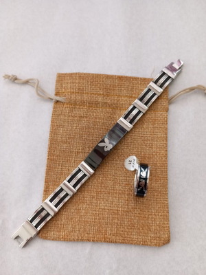 Men's stainless steel bracelet and matching ring with bunny logo