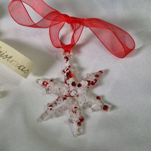 Handmade snowflake ornament red and white from liquid glass new