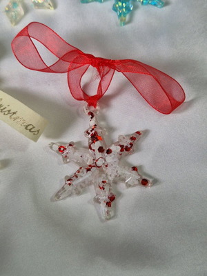 Handmade snowflake ornament red and white from liquid glass new