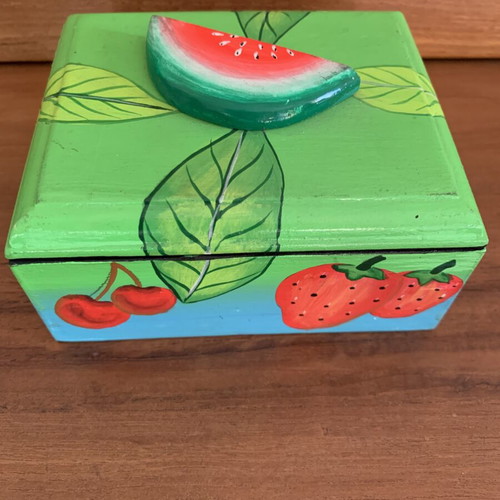 Handmade wooden jewelry box with summer fruit painting, new