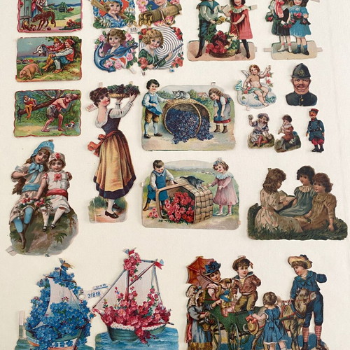 Prewar embossed paper scrap collection, 22 pieces, 1930