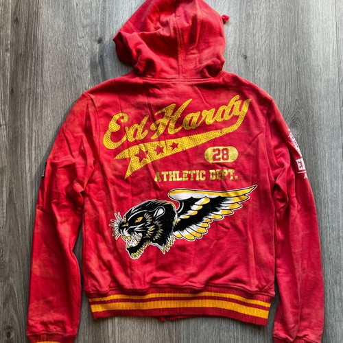 Ed Hardy sweatshirt new, dark pink with crystals and winged tiger, size S